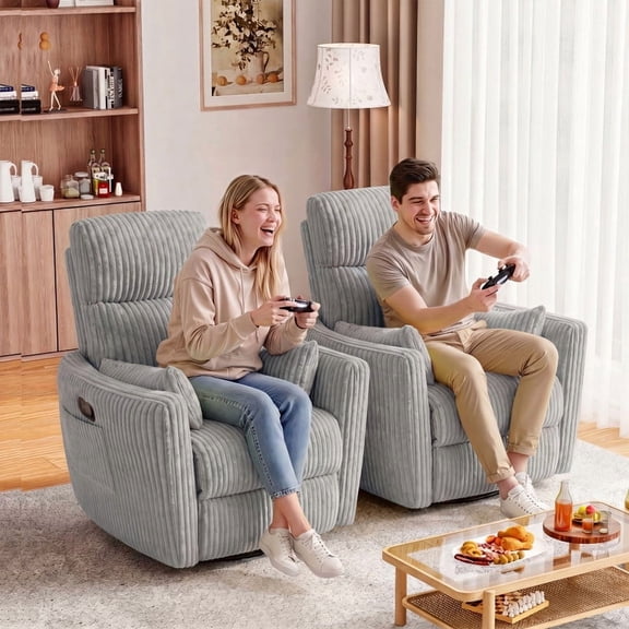 Furmax 360° Swivel Recliner Power Massage Rocker Chair Adult Glider Rocker with 2 Comfy Pillows for Nursery,Corduroy Gray