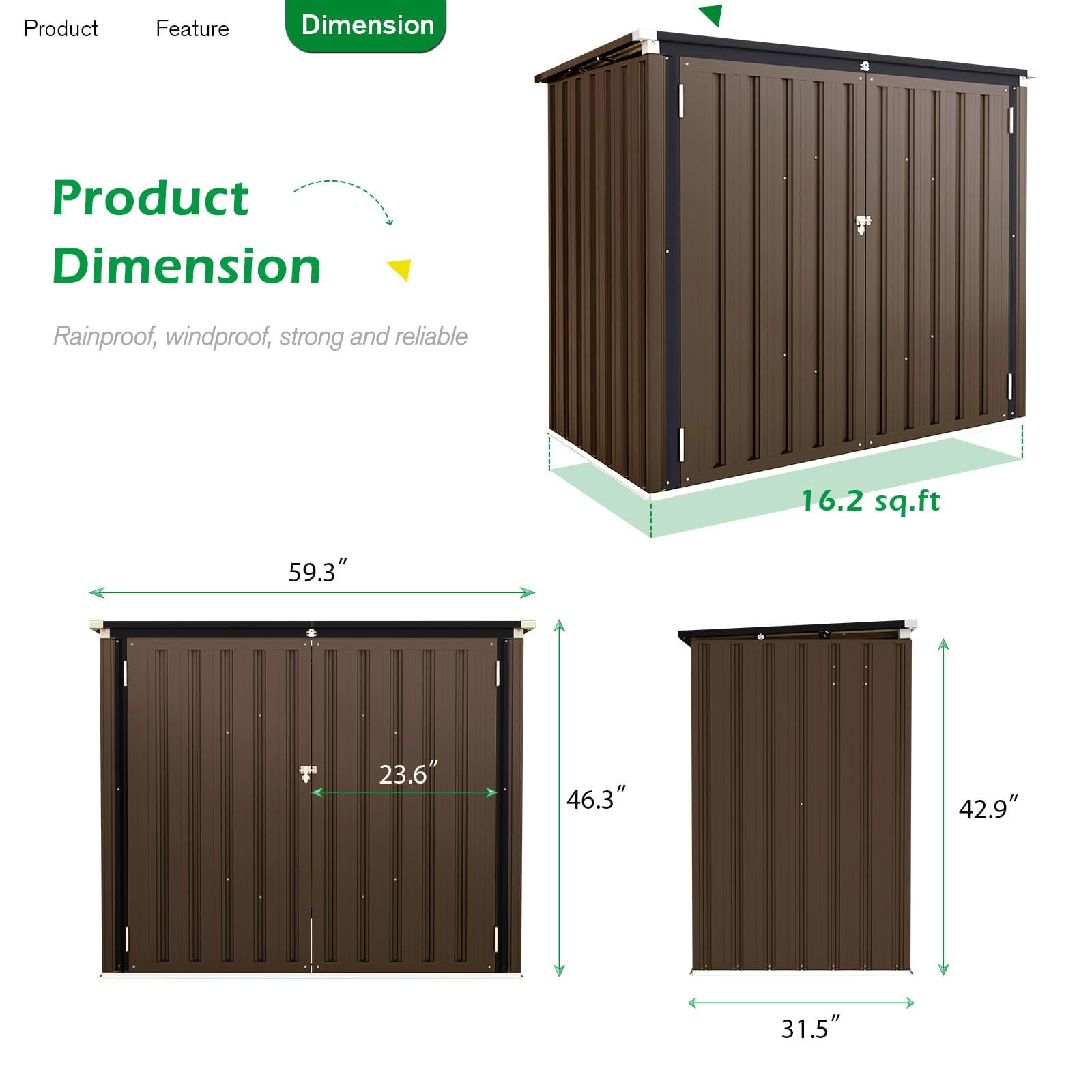 AECOJOY 46 Cu ft. Outdoor Horizontal Storage Shed Wastebasket Enclosure Container Metal Garbarge Shed in Brown