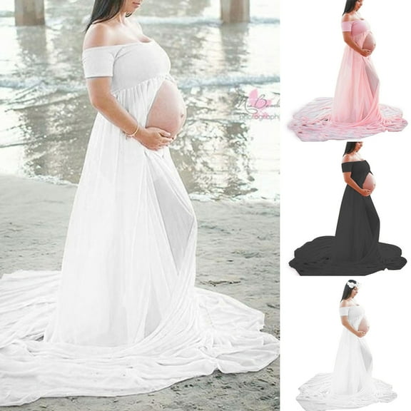 D-GROEE Maternity Dress for Photography Off Shoulder Chiffon Patchwork Gown Split Front Pregnancy Dresses for Photoshoot