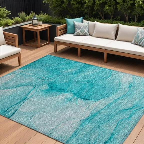 HomeRoots 559781 8 x 10 ft. Teal Abstract Washable Non Skid Indoor Outdoor Rectangle Machine Woven Area Rug