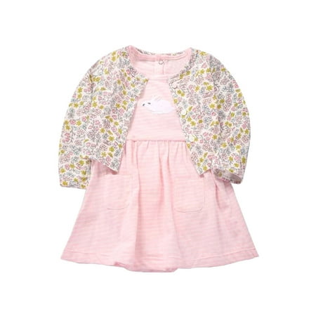 

Glookwis Baby Short Sleeve Dress Set Casual Cardigan + Dresses Sweet Swing 2Pcs Outfit Suit Crew Neck Striped Autumn Outfits Light Pink Floral 9M/66cm