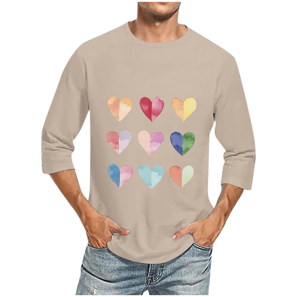 Camisas de Manga Larga para los Hombres Día de San Valentín Impresión Cuello Redondo Moda Casual, Mezcla de Poliéster de Lino de Algodón para Primavera Verano