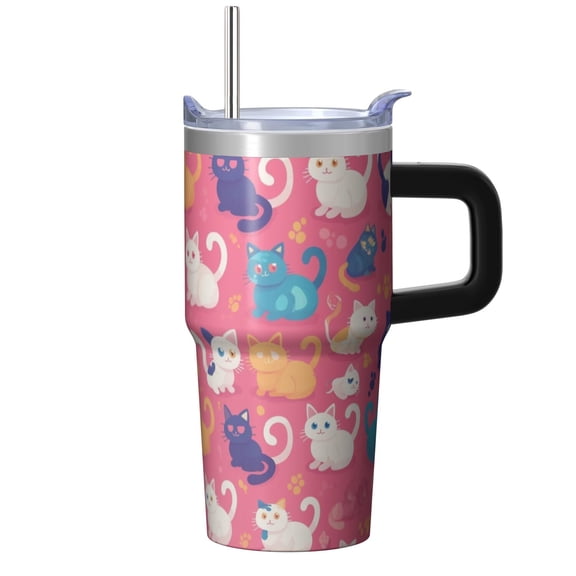 Cat 20oz Stainless Steel Tumbler with Handle and Straw – Insulated Travel Cup with Sliding Lid, 360° Full Wrap Printed Mug for Home, Outdoor & Sports Use, Kitty