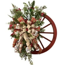Winter Wreath-Farmhouse Wagon Wheel Christmas Wreath for Front Door Porch Outside Vintage Farmhouse Wall Decor Outdoor Red Wagon Wheels Wreaths with Ribbon Bow Berry for Housewarming Gift