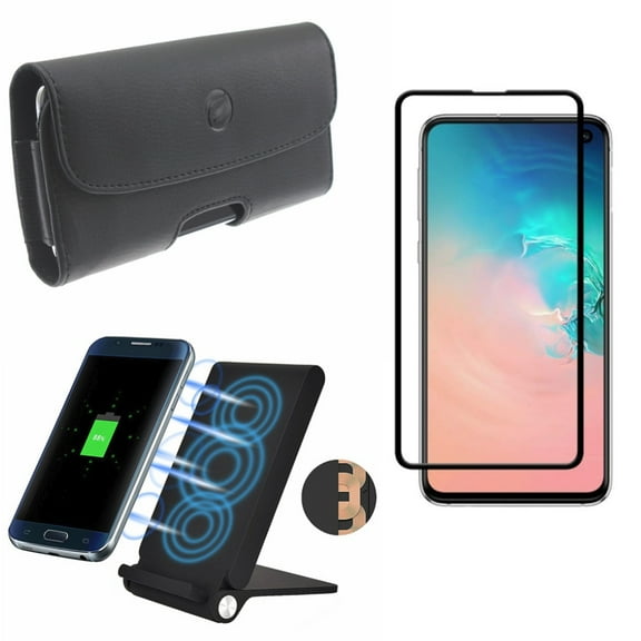 Galaxy S10e Screen Protector w Case Belt Clip w Wireless Charger - Tempered Glass 5D Curved Edge, Leather Holster Cover, 10W Fast Folding Stand for Samsung Galaxy S10e Phone