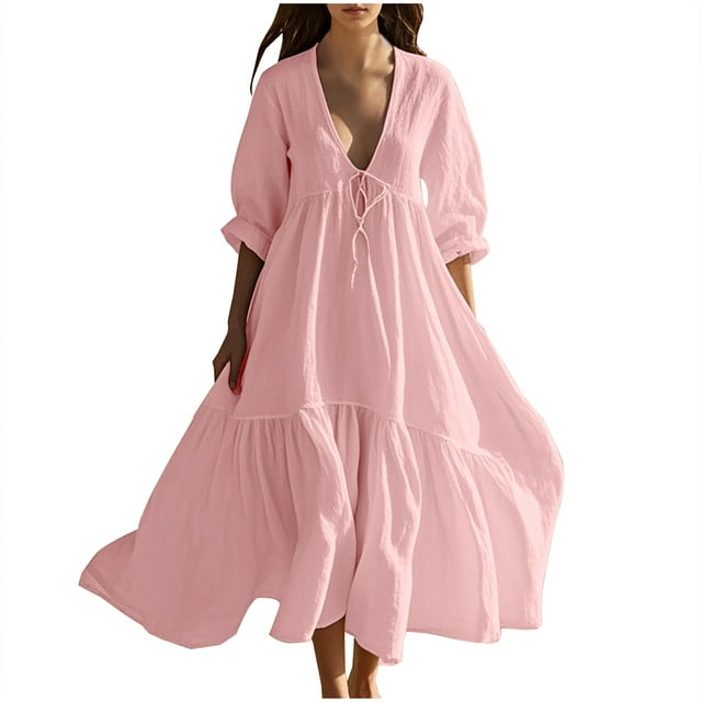 VEKDONE Robes d'Été pour Femmes à Imprimé Floral Sans Manches à Col Rond Robe d'Été Décontractée Longues Robes d'Été Rose G
