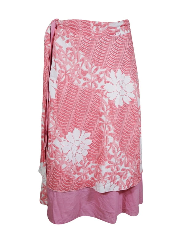 Mogul Womens Midi Wrap Skirt Pink Floral Printed Skirts One Size
