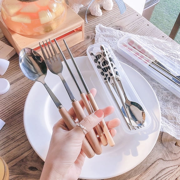 FONDOTIN 1set Cute Portable Utensil Cutlery With Case For Lunch Boxes Work Camping Fork Spoon Chopsticks Adults
