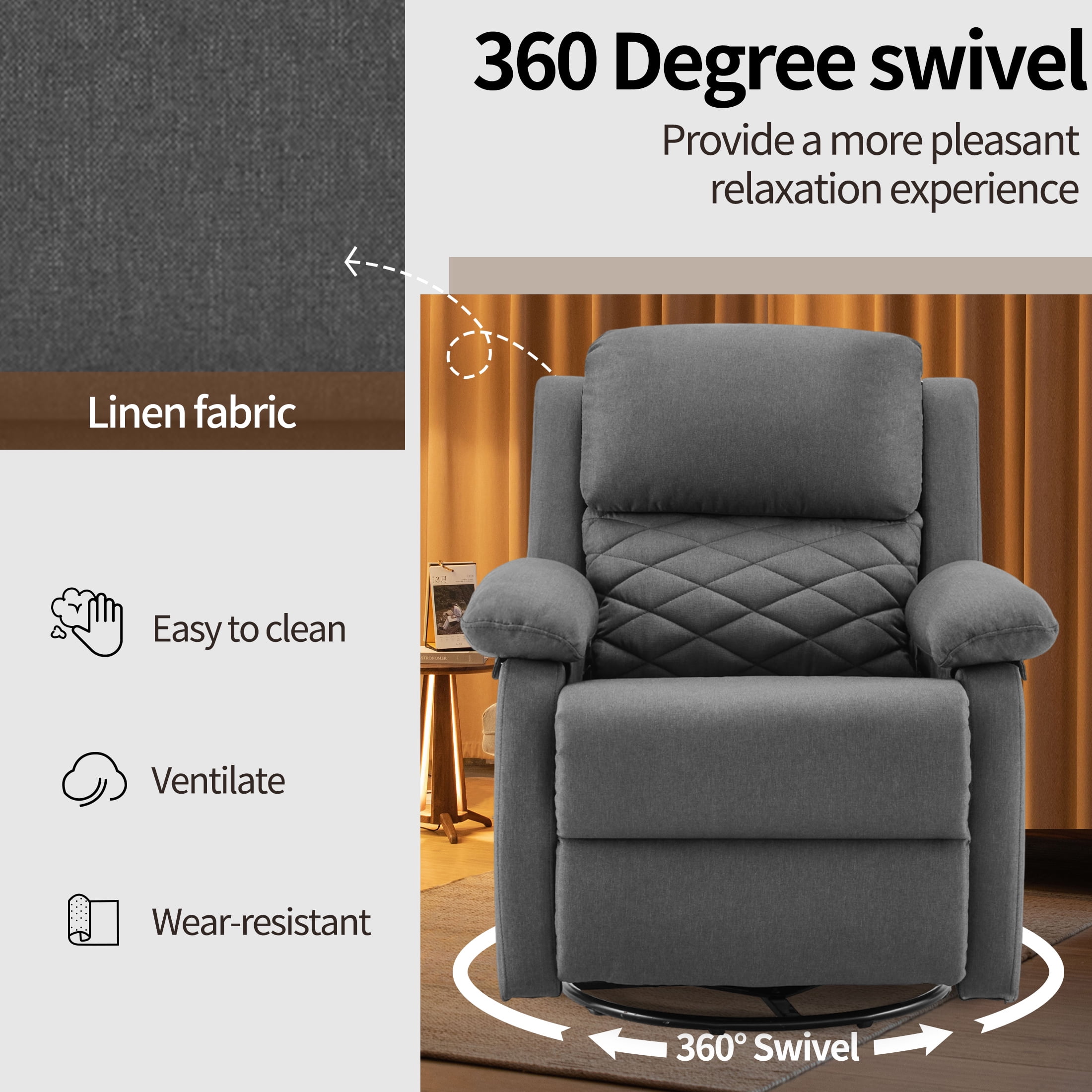 Gelloan 360° Swivel Recliner Chair, Small Rocker Chair for Small Spaces, Upholstered Fabric Glider Recliner Nursery Chair with Side Pockets,Gray