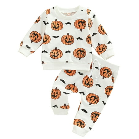 

Toddler Baby Boys Girls Fall Outfit Kids Halloween Pumpkin Pullover Sweatshirt Top Shirt+Pants 2pcs Set