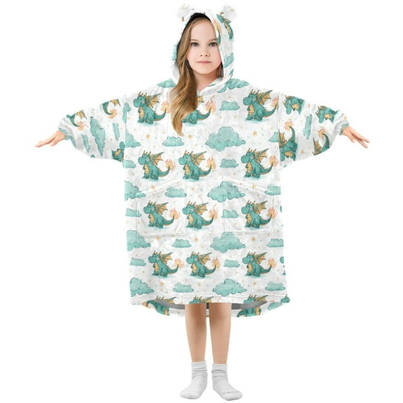 Wearable Blanket Hoodie for Kids Cartoon Dragon Flannel Hooded Blanket with Pockets and Sleeves Suitable for Boys and Girls