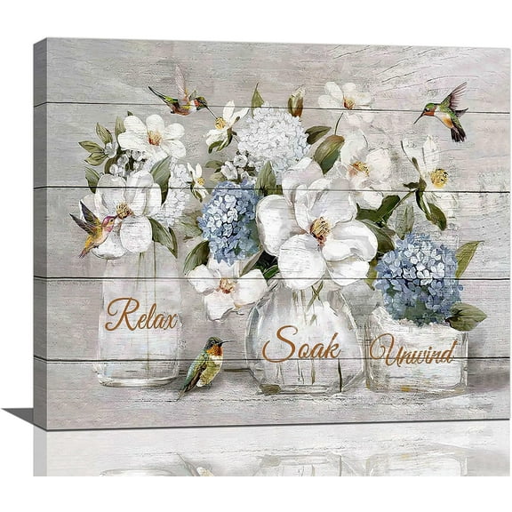 LH137HB-Farmhouse Flower Bathroom Decor Wall Art Rustic Hummingbird White Floral Pictures Wall Decor Relax Soak Unwind Bathroom Sign Canvas Painting Prints Artwork Home Decorations for Bedroom