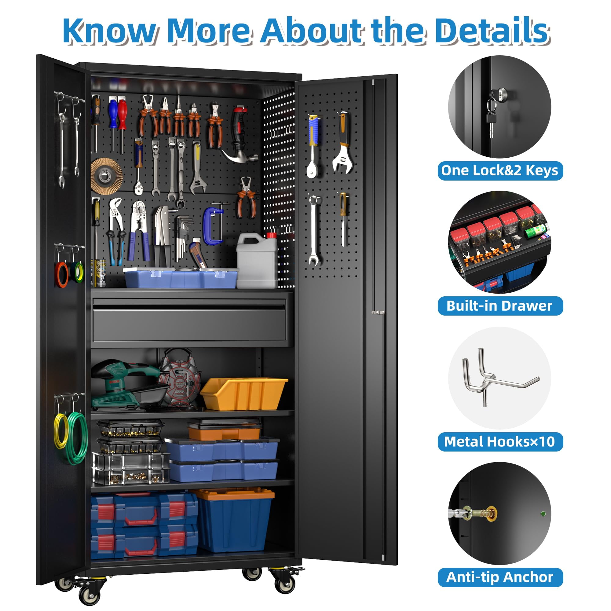 GangMei 72" Metal Storage Cabinet with Wheels and 1 Drawer