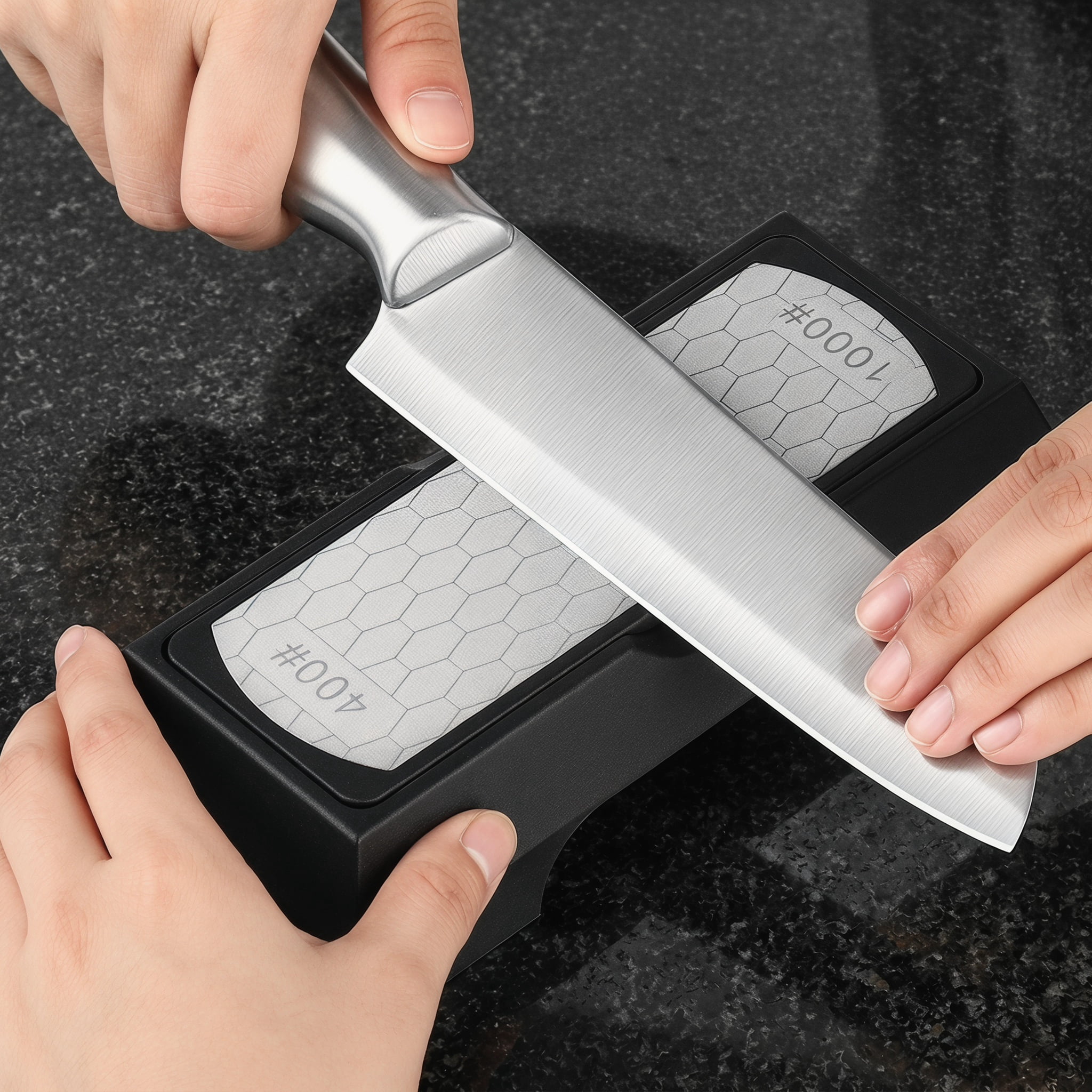 Dual-Sided Diamond Sharpening Stone, Professional Grade Kitchen Knife Sharpener with Non-Slip Base, Coarse & Fine Grit for Chef Knives, Scissors, and Garden Tools, Silver Chrome