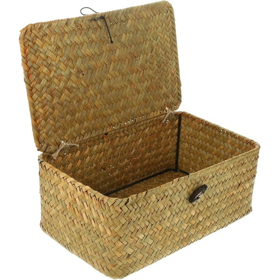 Wicker Storage Basket with Lid, Natural Seagrass Storage Baskets for Organizing, Rectangular Woven Basket for Storage, Decorative Boxes Bins with Lids Home Organizer Decor