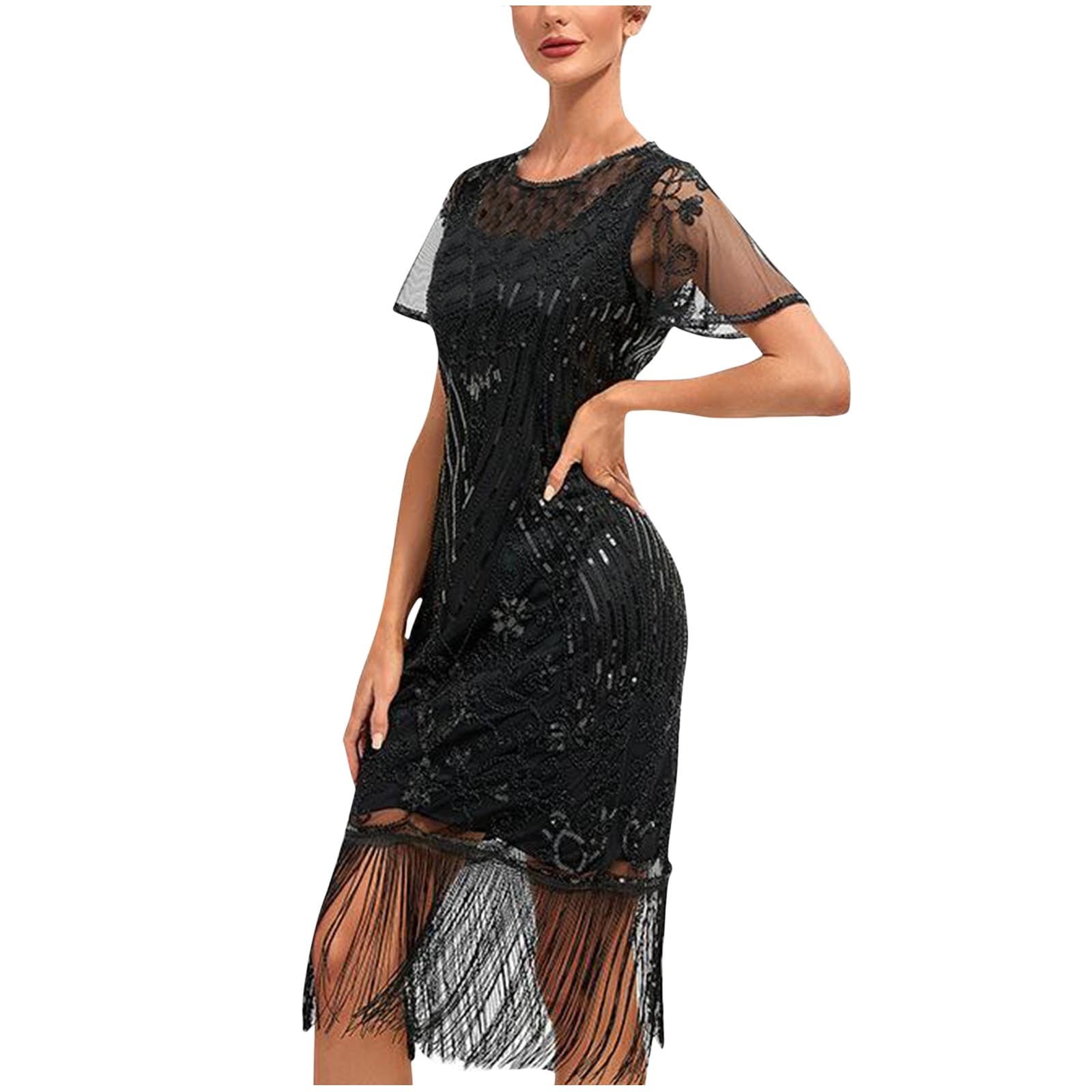 Flapper Dresses 1920S Dresses For Women,Crew Neck Great Gatsby Dresses With Sleeve Roaring 20S Dress For Harlem Nights Black M