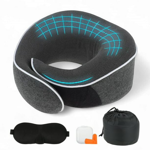 Almohada de cuello Unique Bargains para viajes en avión, soporte ergonómico de espuma viscoelástica con máscara para los ojos y tapones para los oídos