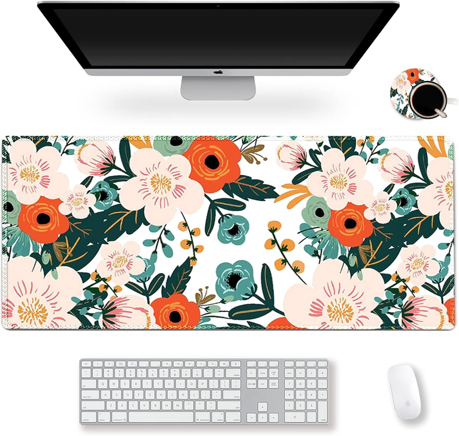 Large Gaming Mouse Pad with Stitched Edges, XXL Extended Keyboard Mat Long Mousepad Desk Decor Writing Pad 35.1x15.7 in, Non-Slip Base for Work, Game, Office, Home, Flower