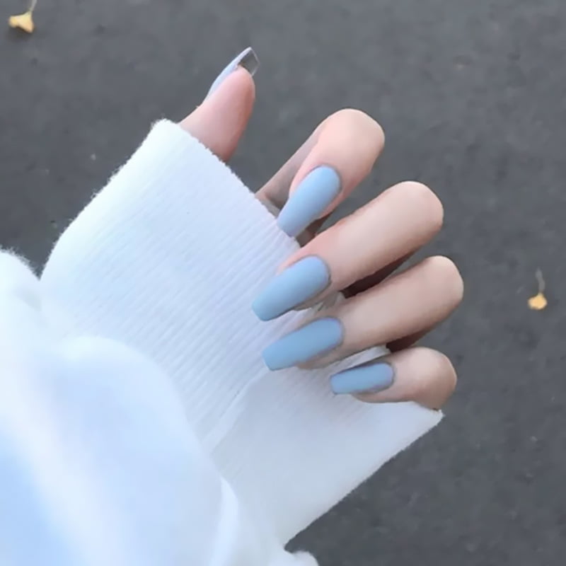 Long Length Square Head Fashion Trend Design Blue Pure Color Matte Frosted Ballet Fake Nails Wearable Nails Hands Decor Walmart Com