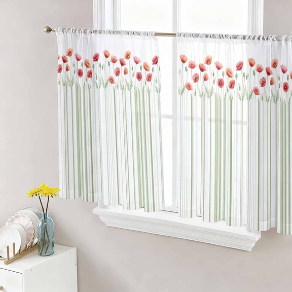 Sheer Curtains 45 Inch Length 2 Panels Set for Kitchen, Red Poppy Flowers Semi Sheer Curtains for Windows, Spring Floral Lines Minimalist Green Voile Window Treatments Rod Pocket Curtain