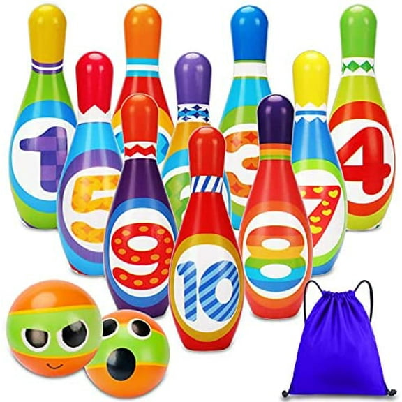 Kids Bowling Set 2-5 Toddler Indoor Bowling Game Toy for 1 2 3 4 Year Old Boys Girls Soft 10 Colorful Foam Bowling Pins 2 Bowling Ball Developmental Sensory Toddler Age 2-4 3-5 Present