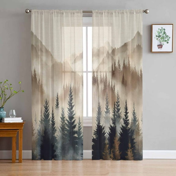 Tan Forest Sheer Curtains 84 Inches Long 2 Panels Set, Window Sheer Curtains for Living Room/Bedroom, Trees Woods Vintage Natural Watercolor Light Filtering Rod Pocket Curtain 52'' x 84'' x 2