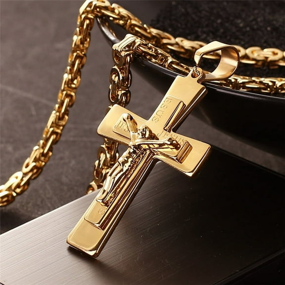 Men's Necklace Big Cross Pendant & Chain Mens 14K Yellow Gold Christian Necklaces Male Iced Out Bling Jewelry