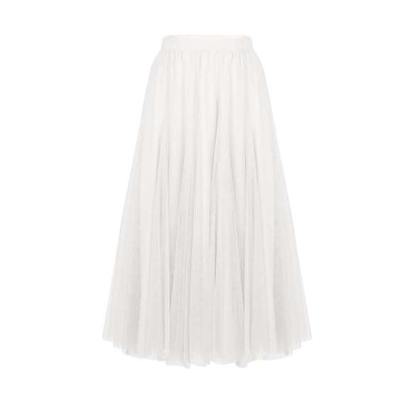 Long Pleated Tulles Skirts for Women Elastic High Waist A-Line Layered Mesh Flowy Elegant Skirt Ankle Length White XL