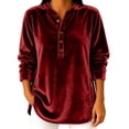 thumbnail image 2 of Hurxie Women's Fleece Shirt Solid Color Crew Neck Sweater, Loose Button Pullover Long-Sleeved Sweater Shirt Wine,L, 2 of 5