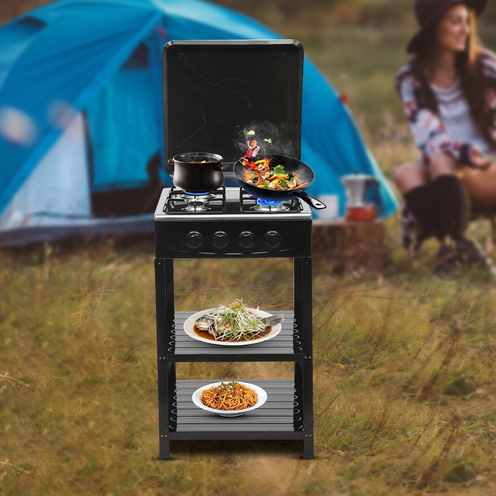 Portable Gas Stove 4-burner & Support Leg Stand &wind Blocking Cover BBQ Outdoor