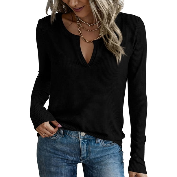 Remera PRETTYGARDEN Mujer Cuello en V Manga Larga Tejido Waffle Negra Talle S