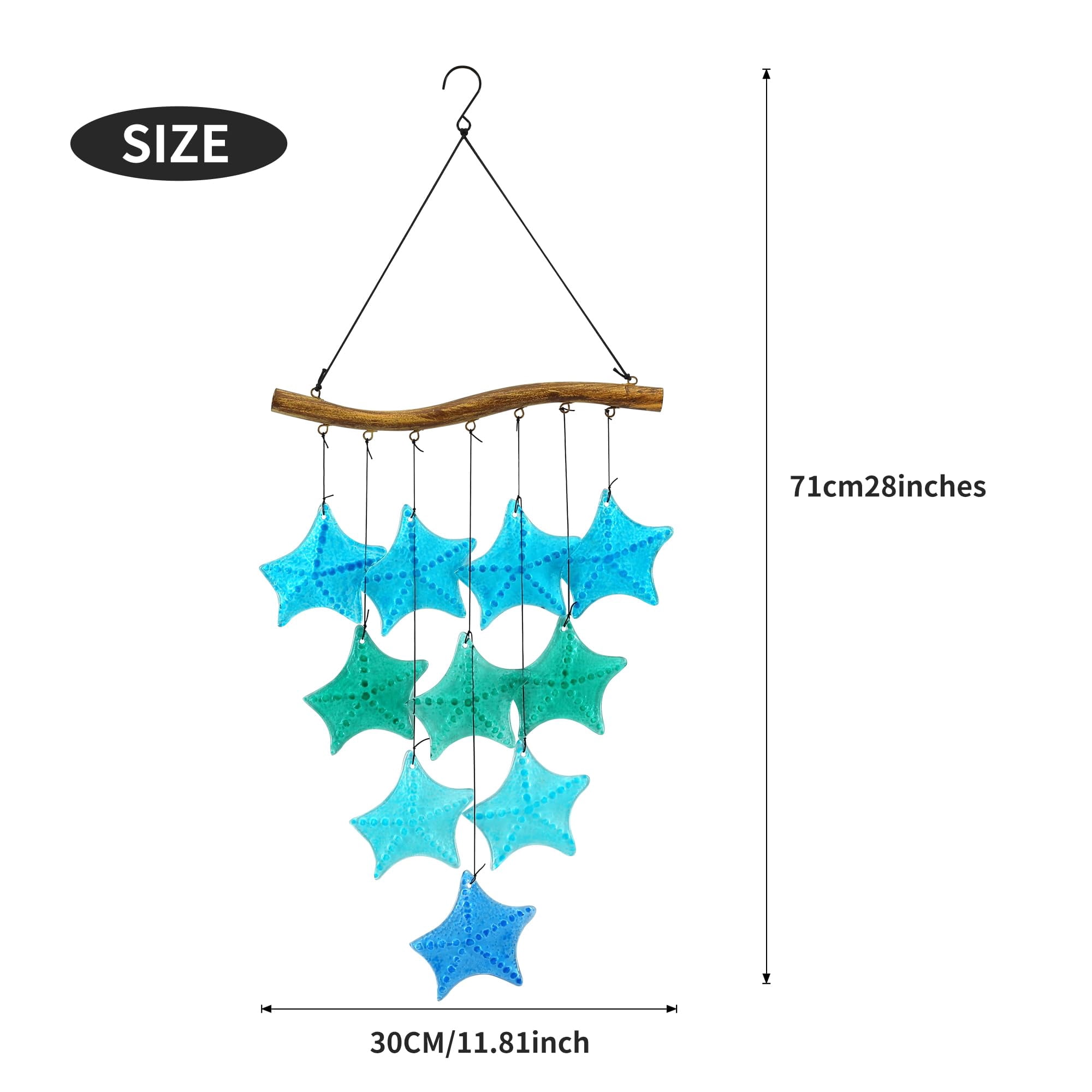 Wind Chimes Outdoor,Blue Starfish Sea Glass Wind Chime Outside,Memorial Wind Chimes for Loss of Loved One, Sympathy Wind Chimes,29inch Large Wind Chimes for Porch Patio & Garden Nautical Decor