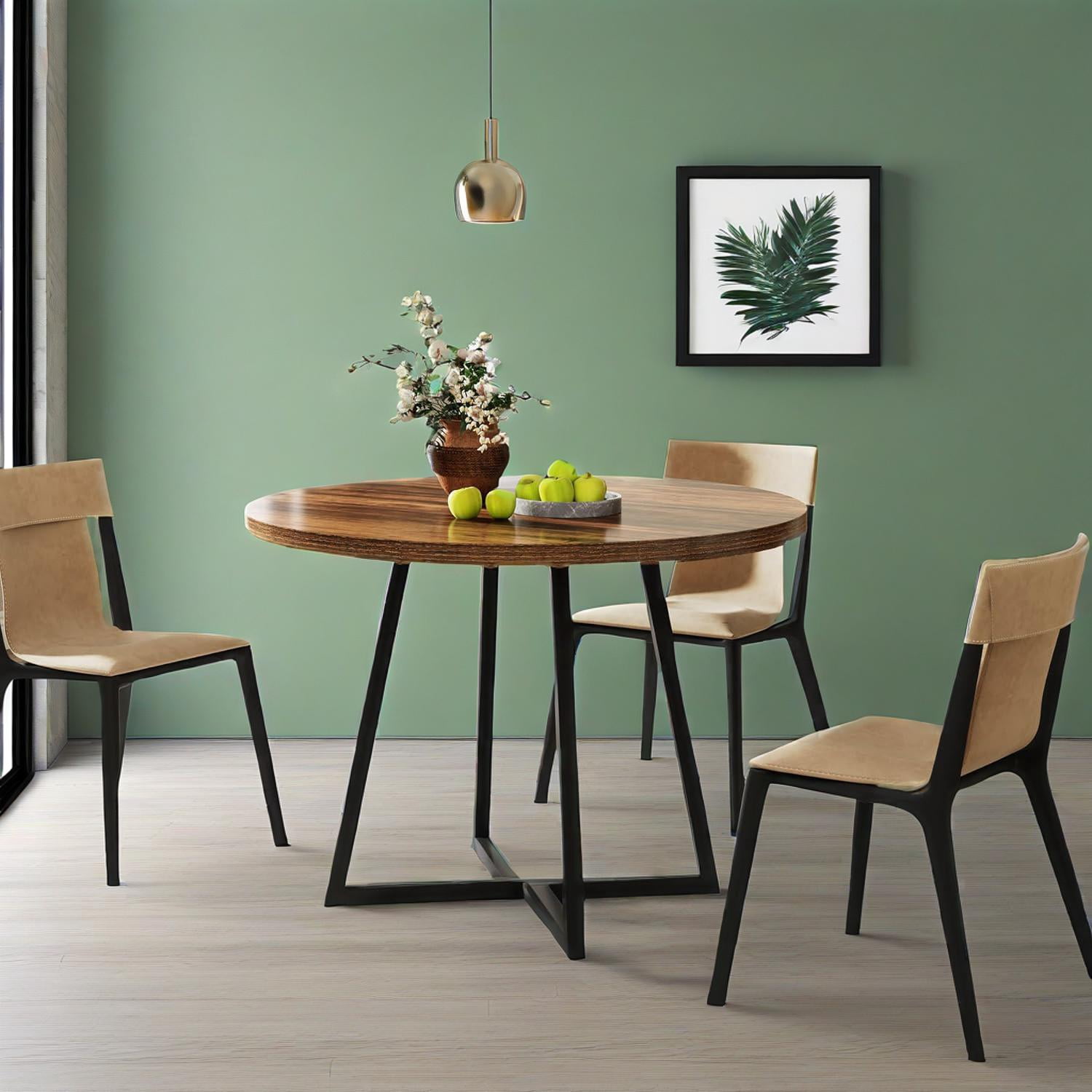 Dining Table, Round Wood Top with Black Metal Frame, Seats 2, 31.49 in W x 31.49 in D x 29.52 in H