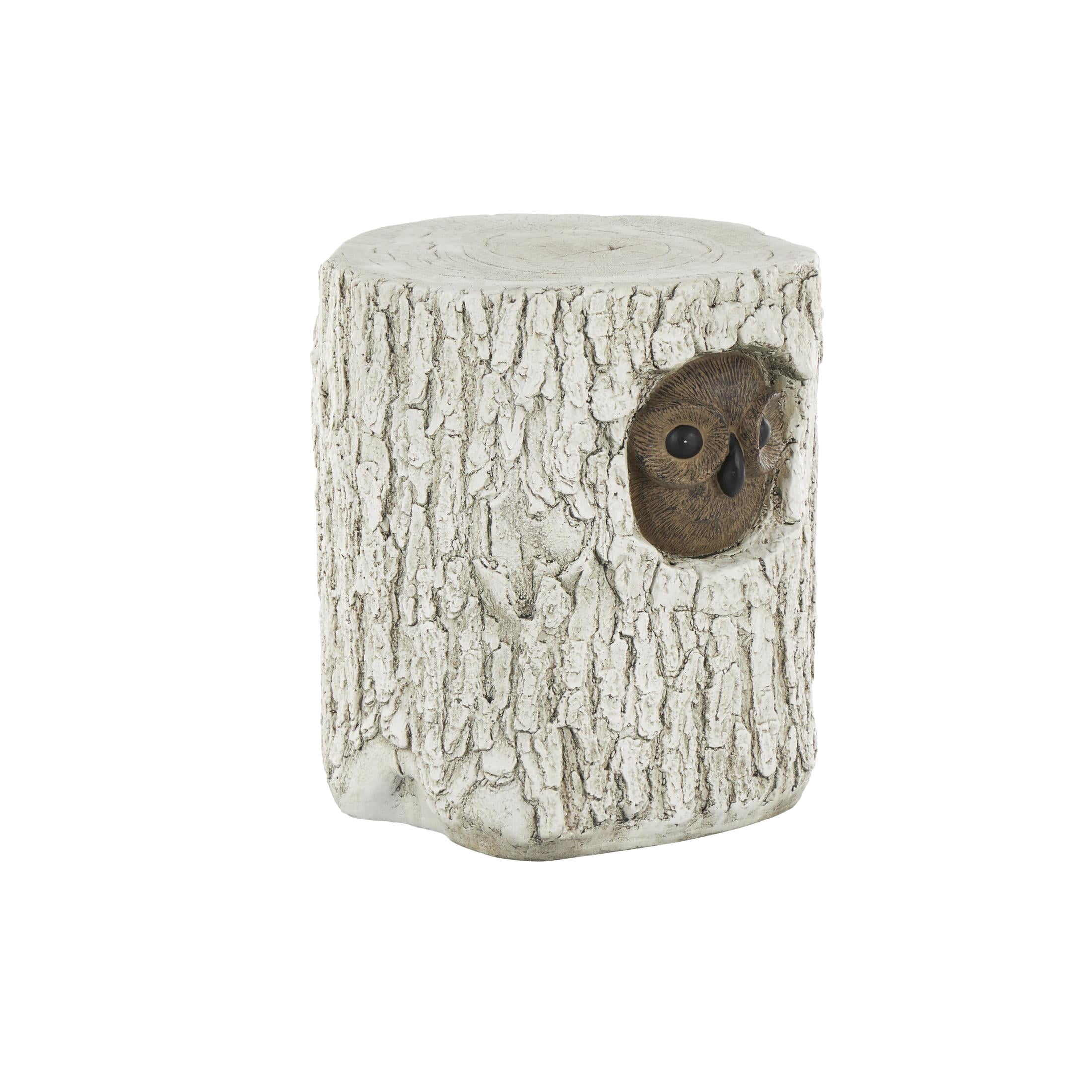 DecMode Magnesium Oxide Owl Tree Trunk Garden Stool with Brown Accents, White