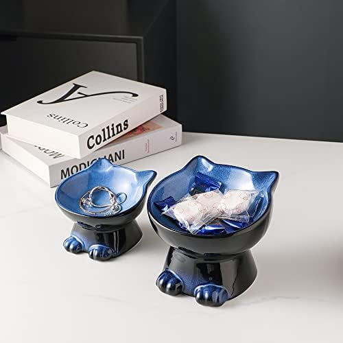 Elevated Cat/Dog Bowls Set : 5 Inch Ceramic Raised Cat Food and Water Bowl Set for Protecting Pet's Spine - Feeding & Watering Supplies for Pets- Elegant Blue & Black (2PC)