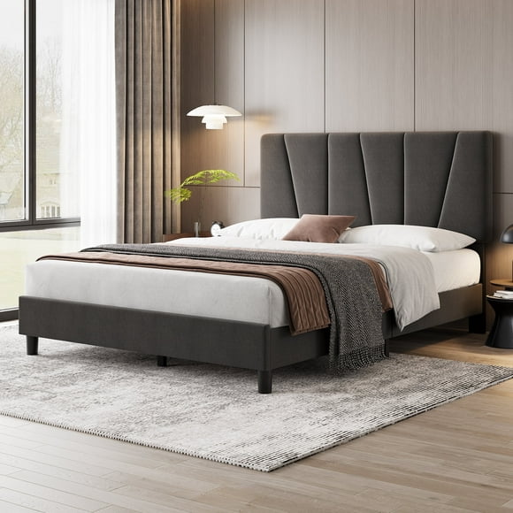 Twister.CK Full Size Bed Frame with Adjustable Headboard, Linen Upholstered Platform Bed Frame Full with Strong Wooden Slats, Mattress Foundation, No Box Spring Needed, Easy Assembly, Gray