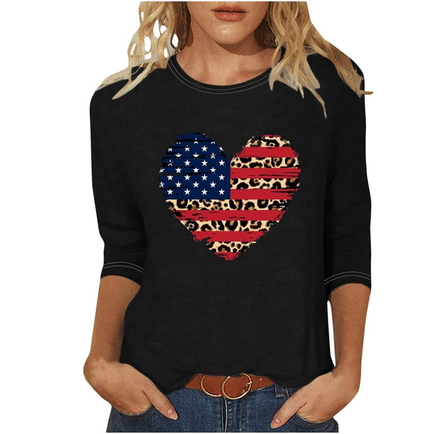 Camisetas de Manga Corta para las Mujeres Día de la Independencia Impreso Suelto Cuello Redondo Tee, Casual Y Blusas Festivas para las Mujeres Casual