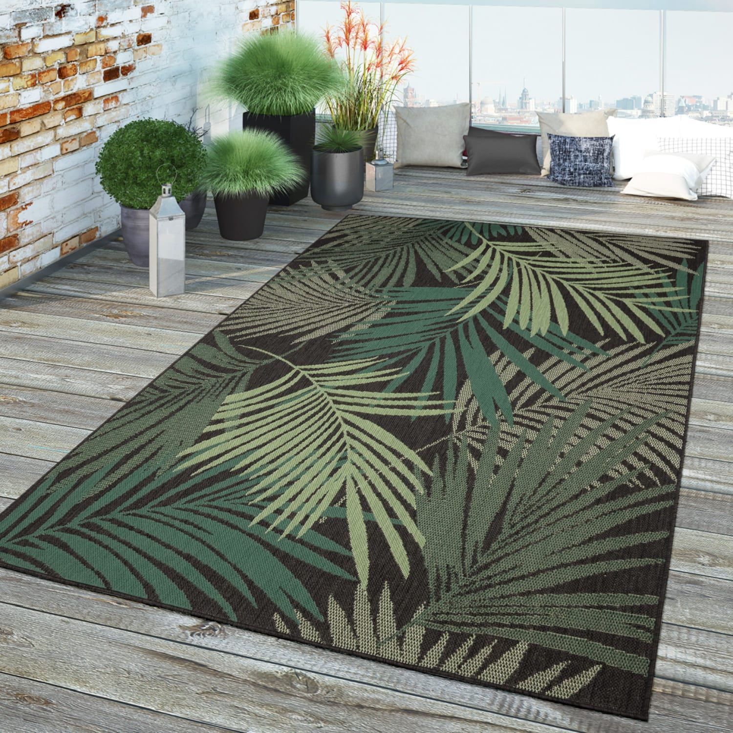 In- & Outdoor Rug Jungle Design with Palm Trees in Green Black