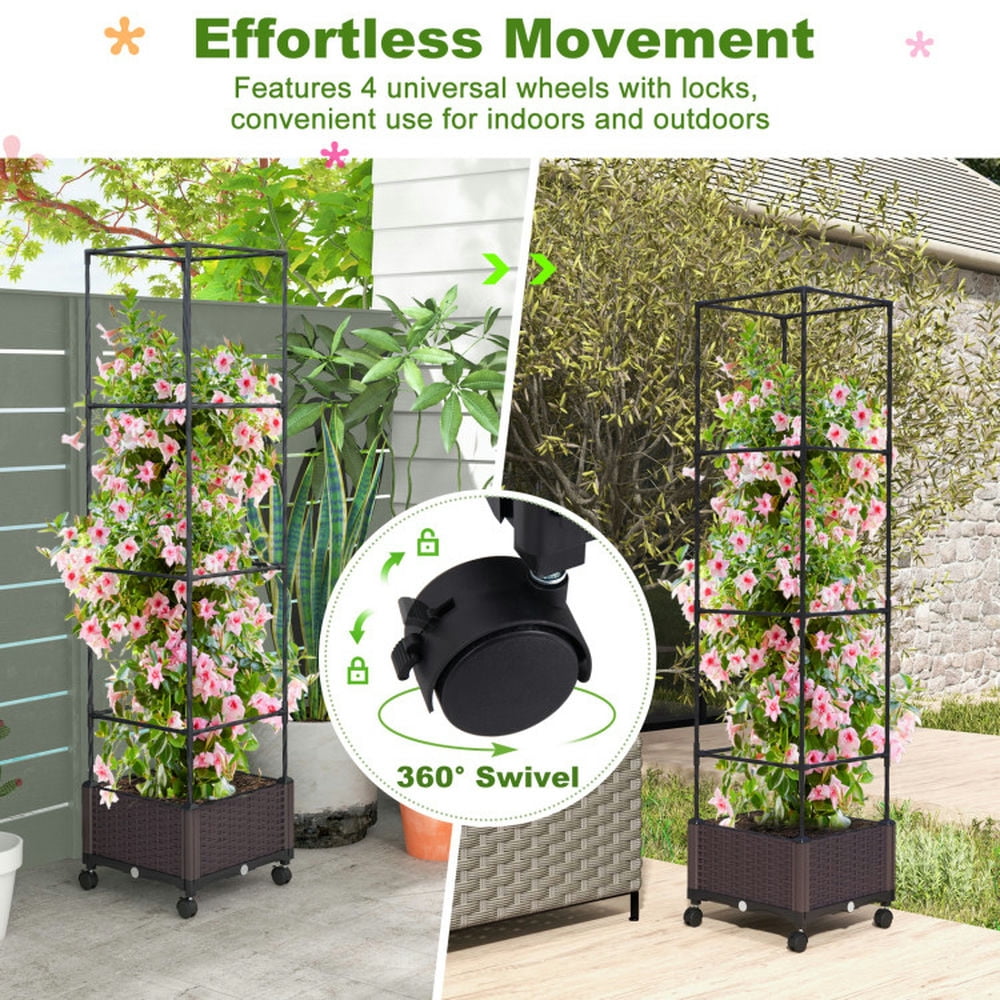 Demifill 67 Inches Raised Garden Bed with Planter Box and Trellis, 2-in-1 Functionality and Expandable Garden Bed, Brown