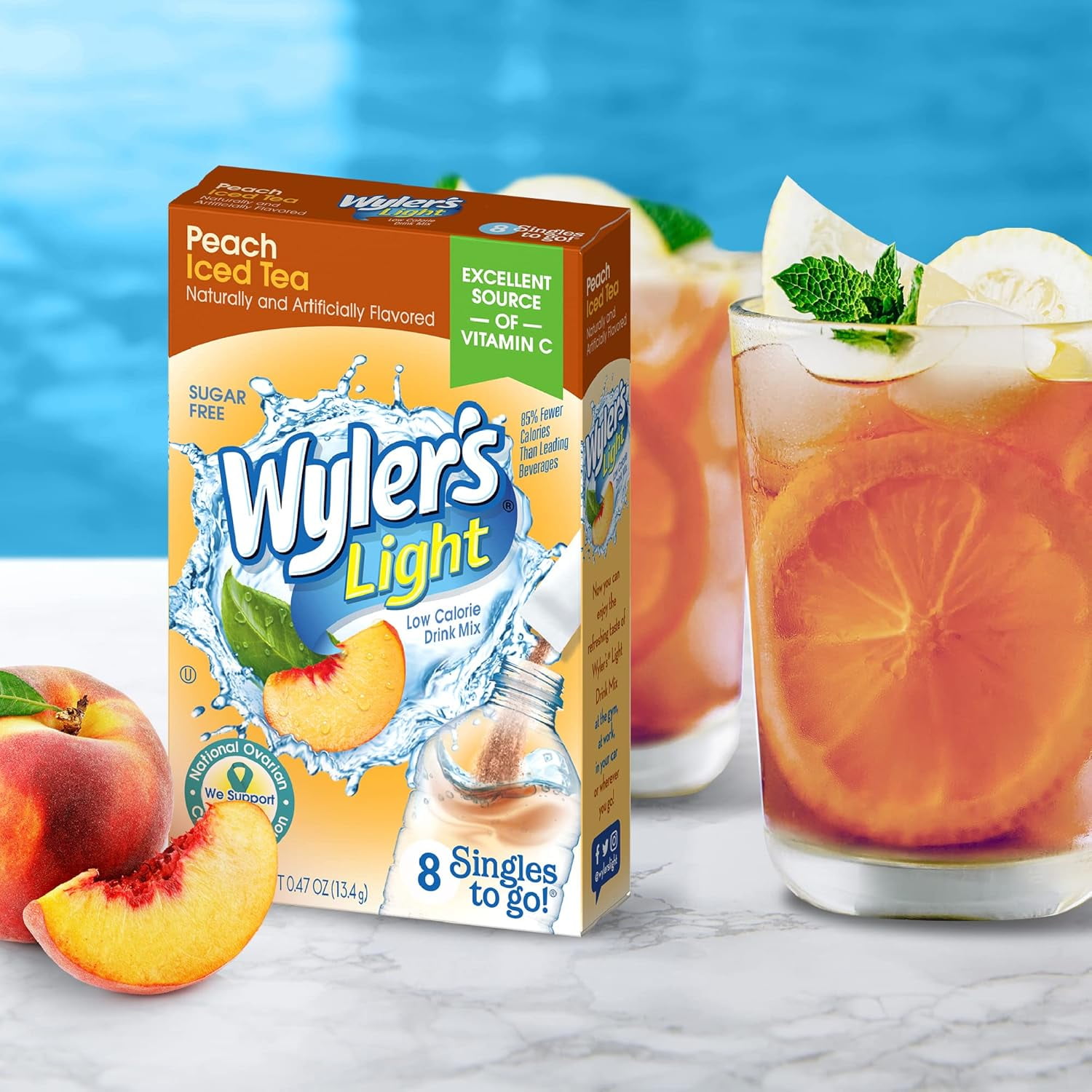 (3 pack) Wyler's Light Peach Iced Tea Powdered Drink Mix Singles to Go, Sugar-Free, 8 Count Packets