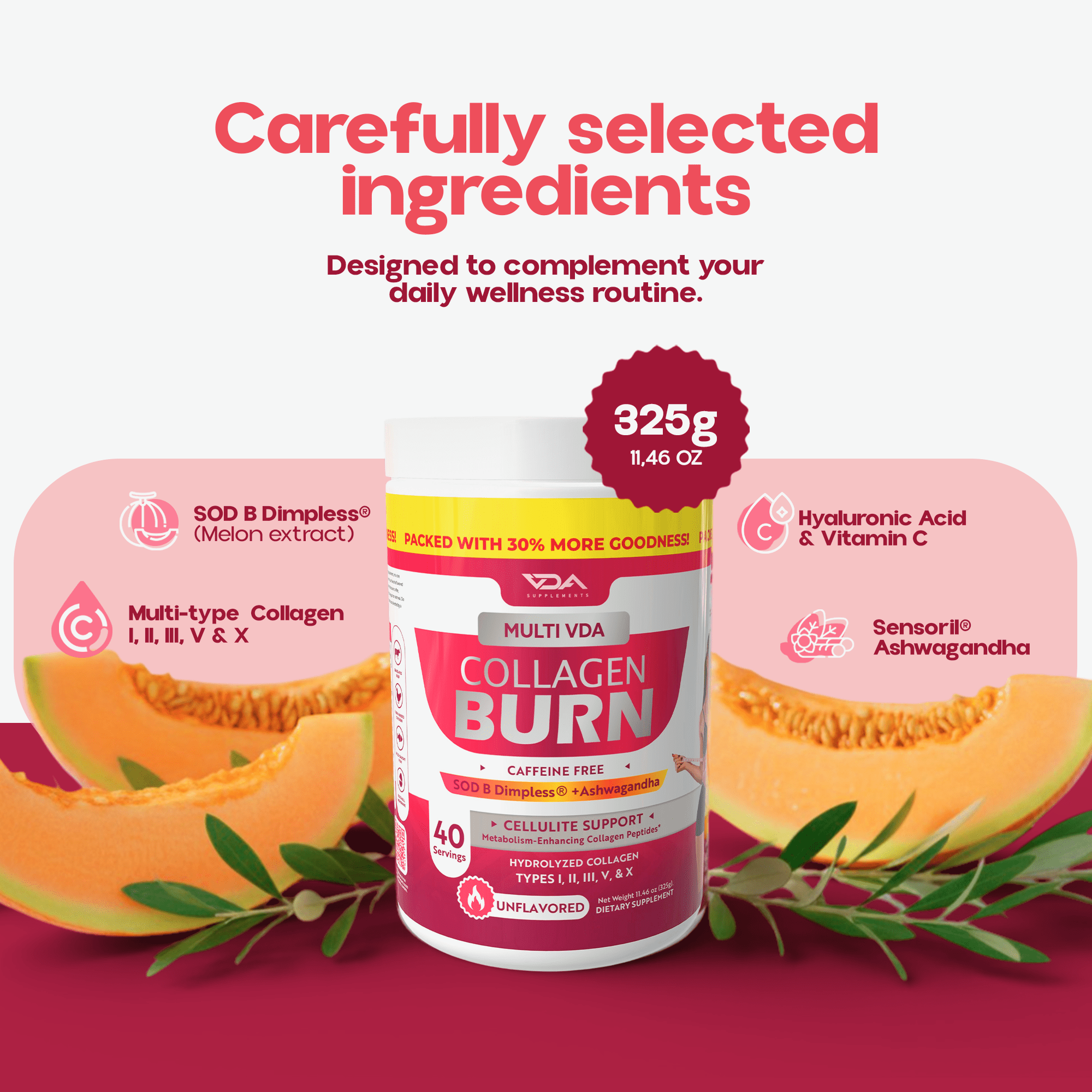 VDA Supplements Multi VDA Collagen Burn Powder - Hydrolyzed Collagen Powder for Women - Burn Ultimate Beauty with SOD B Dimpless®, 5 Types of Collagen (I, II, III, V, X), Unflavored, 40 Servings