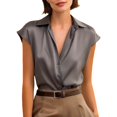 thumbnail image 2 of Endives Women's Satin Shirt Elegant Short Sleeve Shirts V Neck Work Shirt Business Casual Outfits Womens Blouses Dressy Summer Tops S-5XL Grey XXXL, 2 of 6