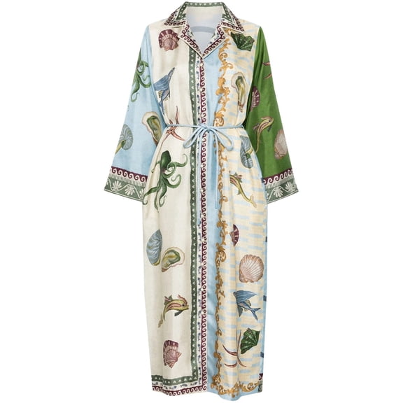 Women Printed Shirt Dress Long Sleeve Loose Fit Button Down Vacation Casual Midi Dress