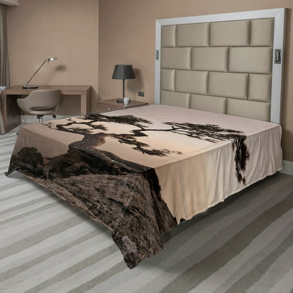 Ambesonne Tree Flat Sheet, Lonely Juniper Tree Fall, California King, Brown Grey