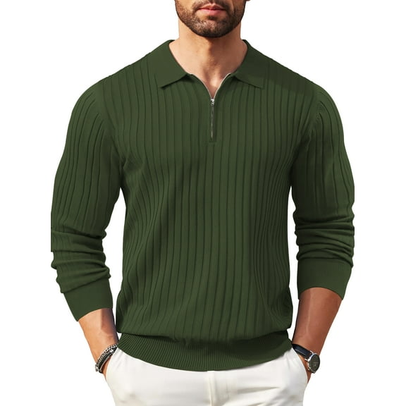 GENTS BLISS Polo Shirts for Men Casual Long Sleeve Mens Shirts Zipper Ribbed Knit Shirt