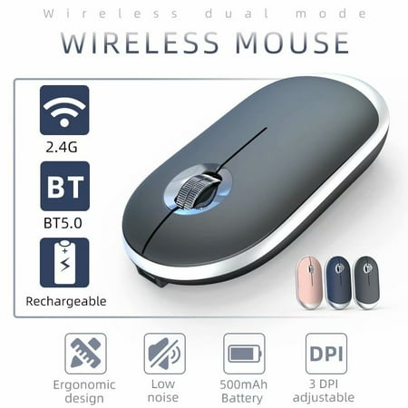 Wireless Bluetooth Computer Mouse Rechargeable Dual Mode (Bluetooth 5.0 + 2.4G) Wireless Computer Mice Wireless 3 Adjustable DPI Levels Slim Ergonomic Mouse Mice