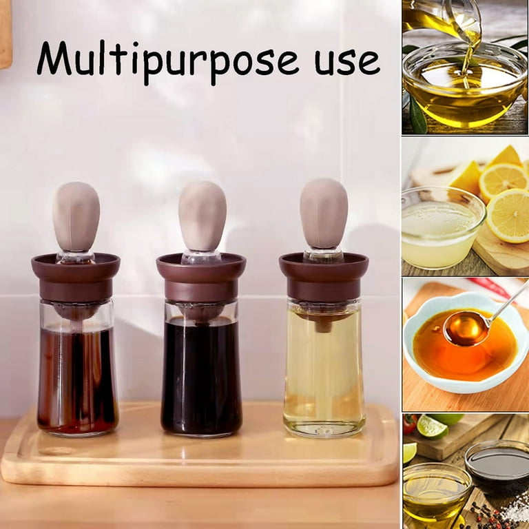 Wiueurtly Oil Brush with Bottle Olive Oil Dispenser Bottle with Silicone Brush 2 in 1 Silicone Measuring Oil Dispenser Bottle for Kitchen Cooking Frying Baking