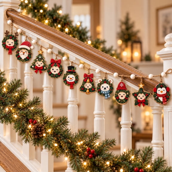 Garland Ornament Holiday Wreath Characters, Wooden Fireplace Mantel Decoration for Christmas