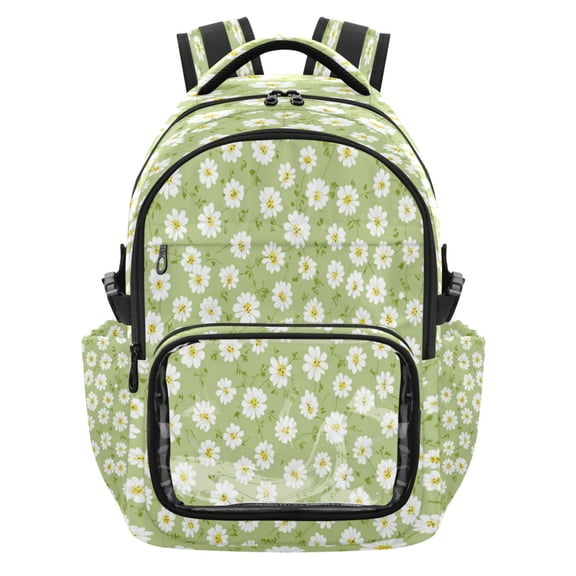 Qxltty Simple Green Daisy Backpack School Bookbag with Clear PVC Front Pocket, Laptop Compartment, Water Resistant Travel Daypack for Students