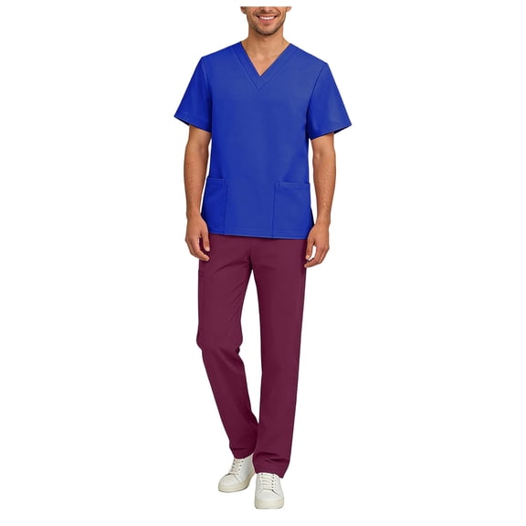 felwors Men's Scrub Set – Stretch V-Neck Multi-Pocket Mens Medical Uniform Scrubs Top & Cargo Pants (Blue, M)
